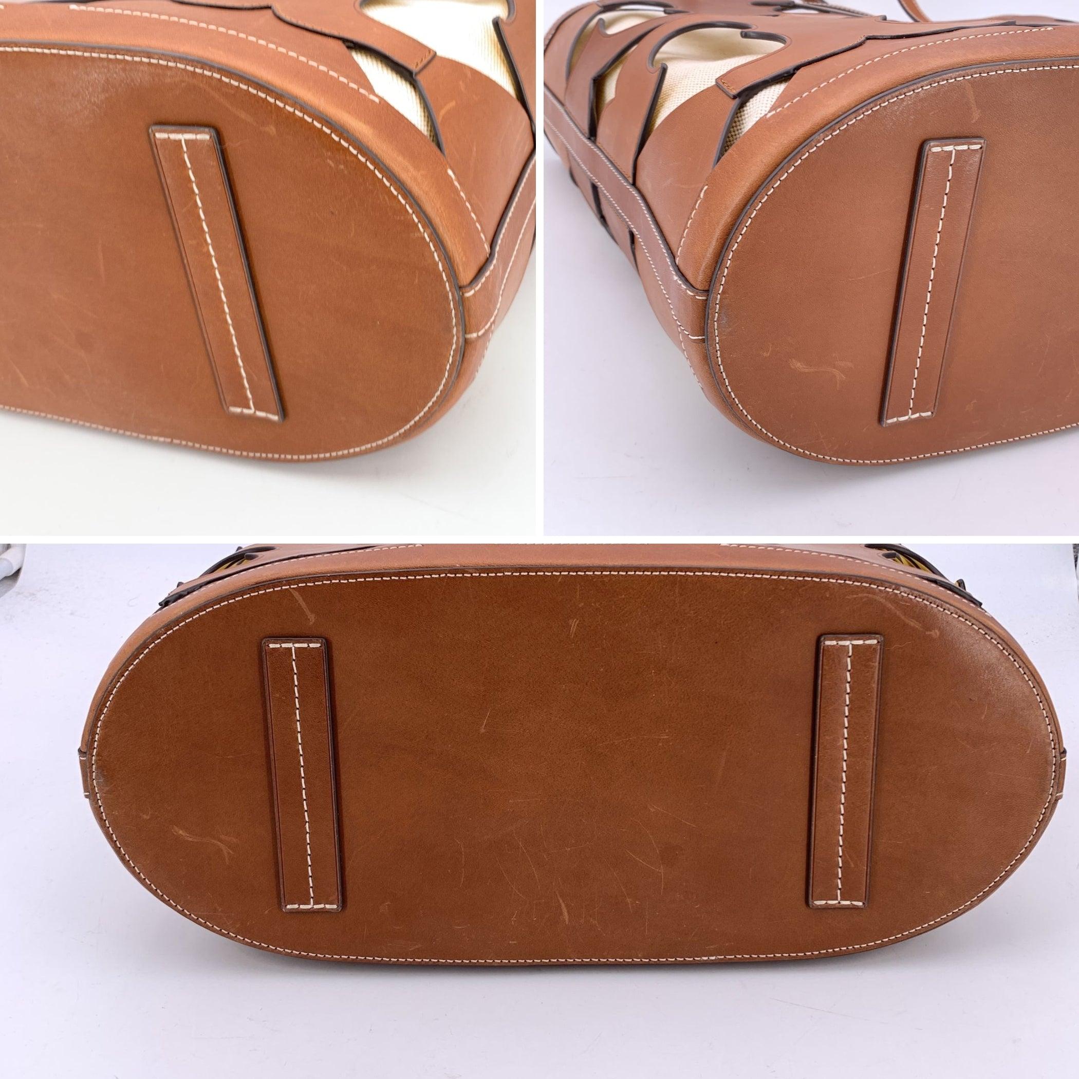 Tory Burch Brown Cut Out Logo Leather and Canvas Ella Tote Bag en vente 1