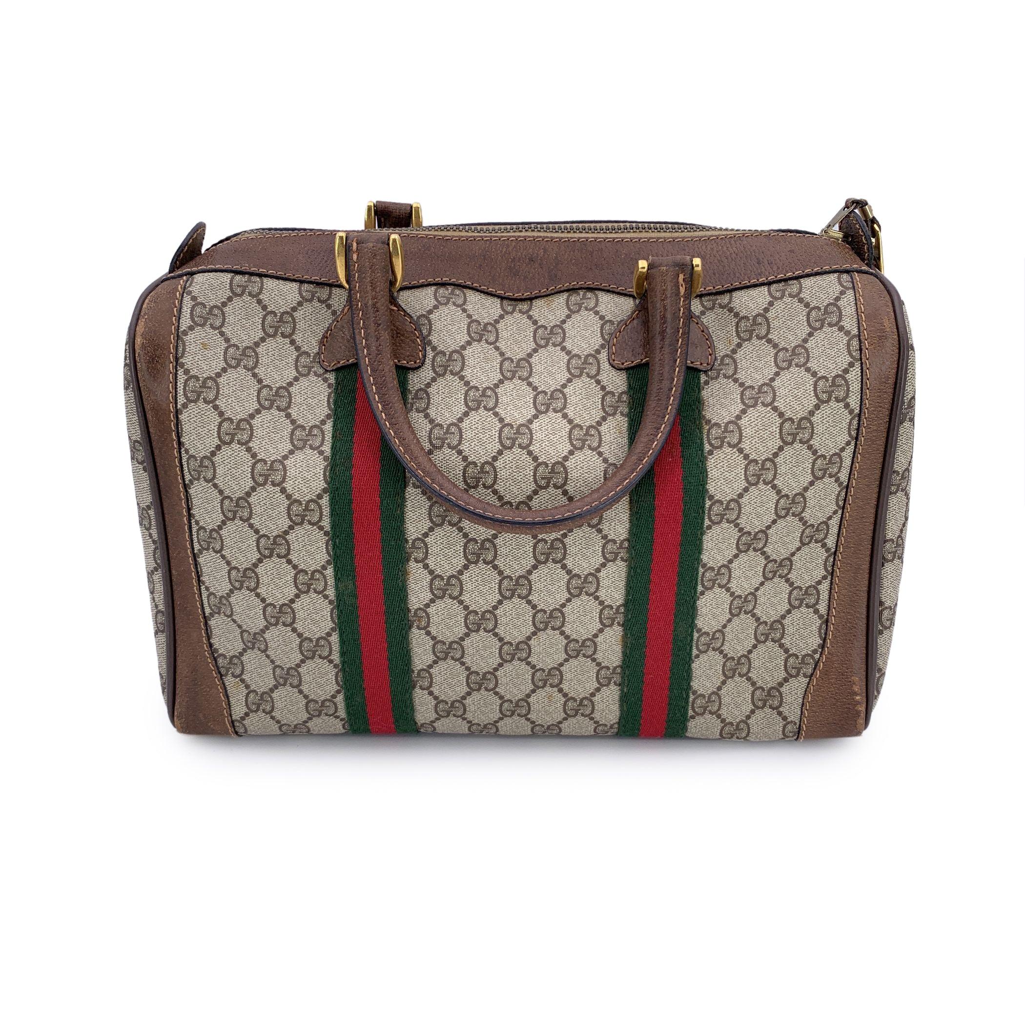 Gucci Vintage Monogram Canvas Leder Web Duffle Satchel Tasche (Grau) im Angebot