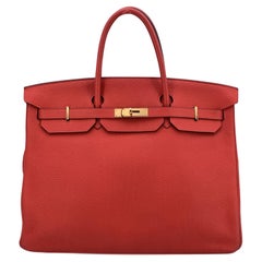 Hermes Red Clemence Leather Birkin 40 Bag Satchel Handbag