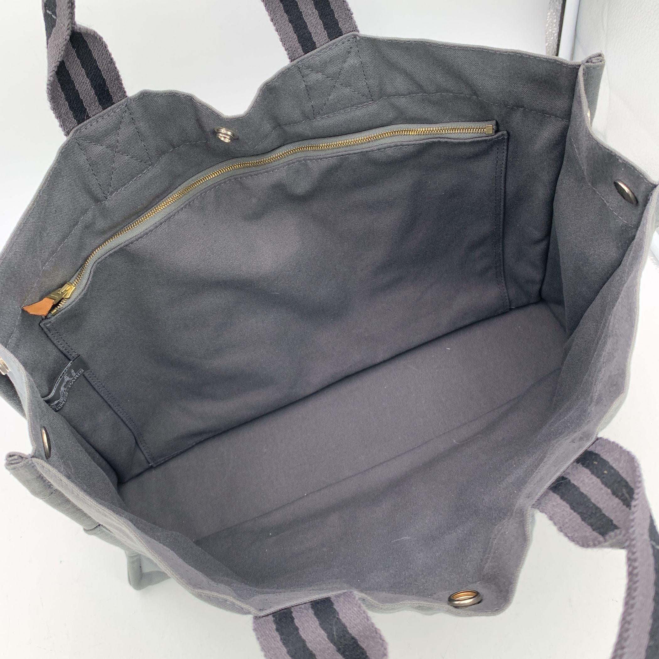 Sac Fourre Tout MM en coton à rayures grises et noires Hermes Paris Bon état - En vente à Rome, Rome