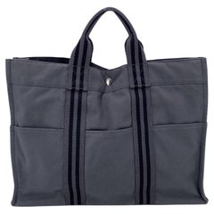 Hermes Paris Grey and Black Stripes Cotton Fourre Tout MM Tote Bag