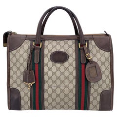Gucci Vintage Brown Monogram Canvas Satchel Bag with Stripes