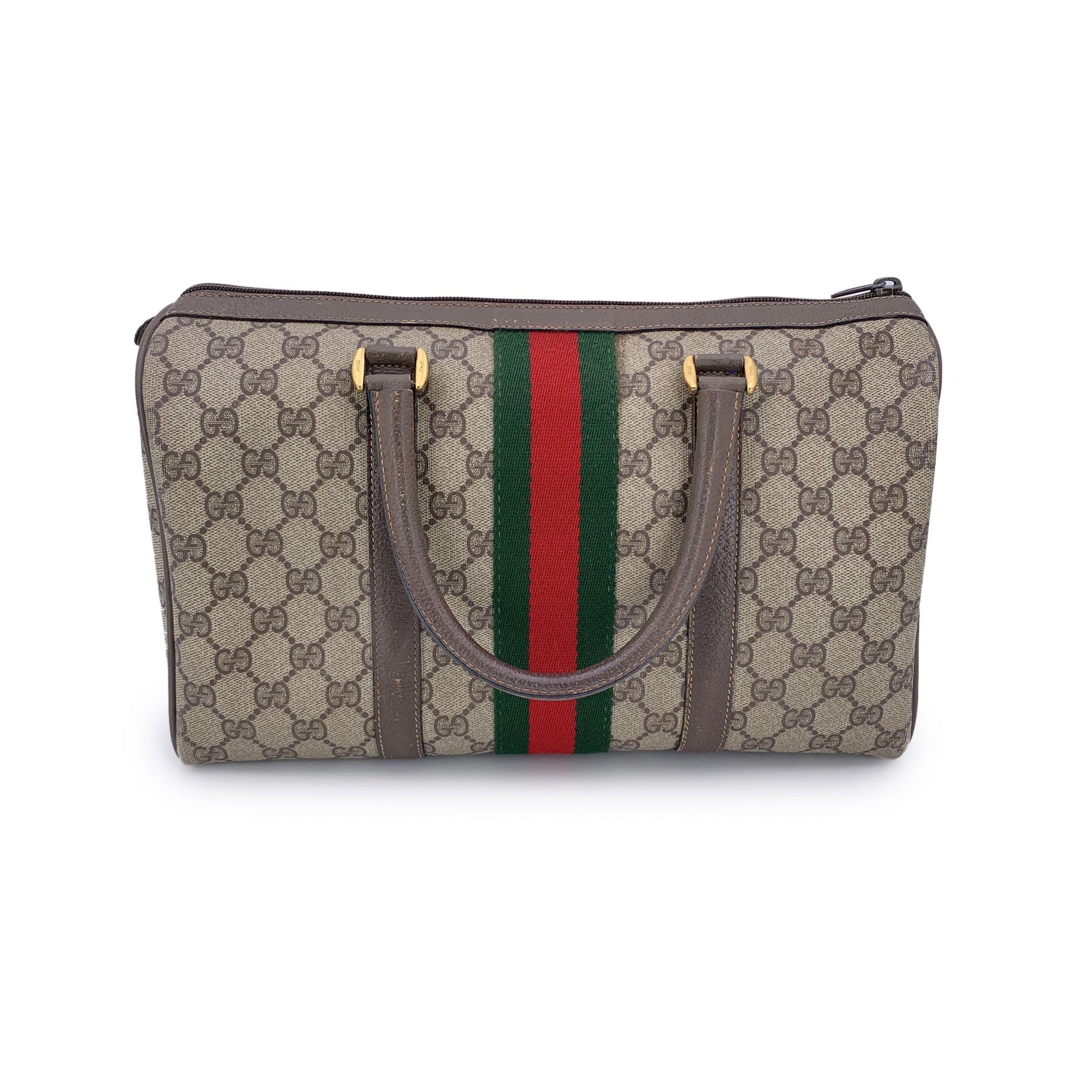 Gris Gucci Vintage Brown Suede Web Stripes Boston Bag Handbag en vente