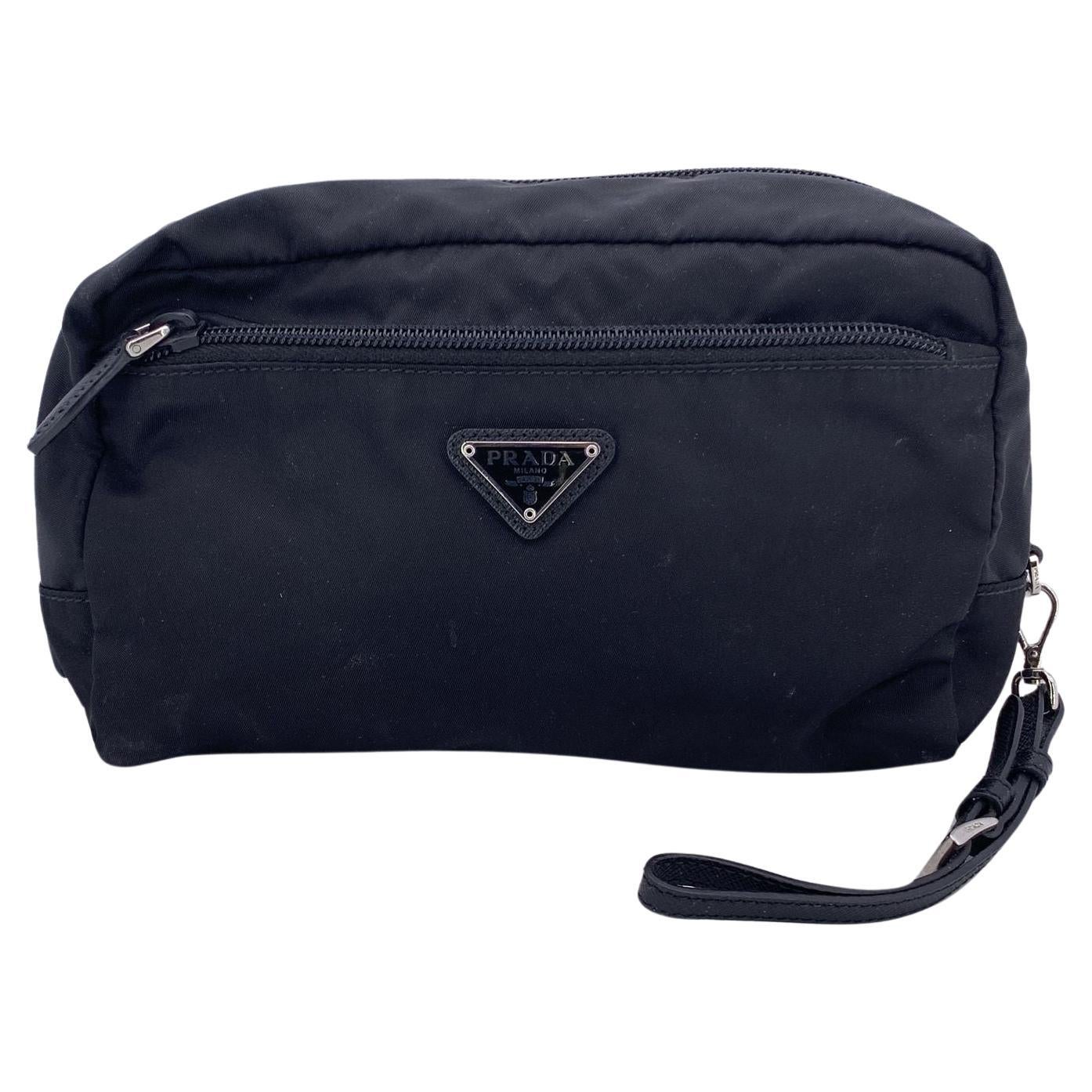 Prada Schwarz Nylon Canvas Zip Pouch Kosmetiktasche Pochette Handgelenk Tasche