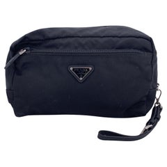 Prada Schwarz Nylon Canvas Zip Pouch Kosmetiktasche Pochette Handgelenk Tasche