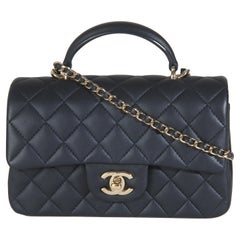 Chanel Navy Quilted Lambskin Mini Rectangular Top Handle