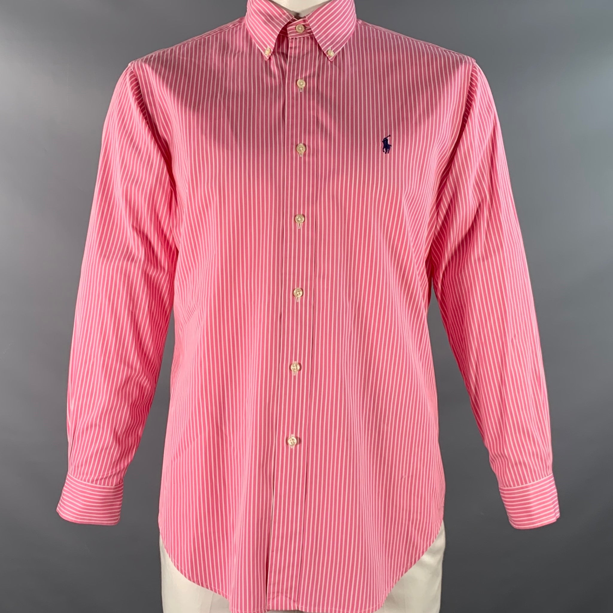 RALPH LAUREN Talla XXL Camisa de manga larga de algodón a rayas rosa blanco