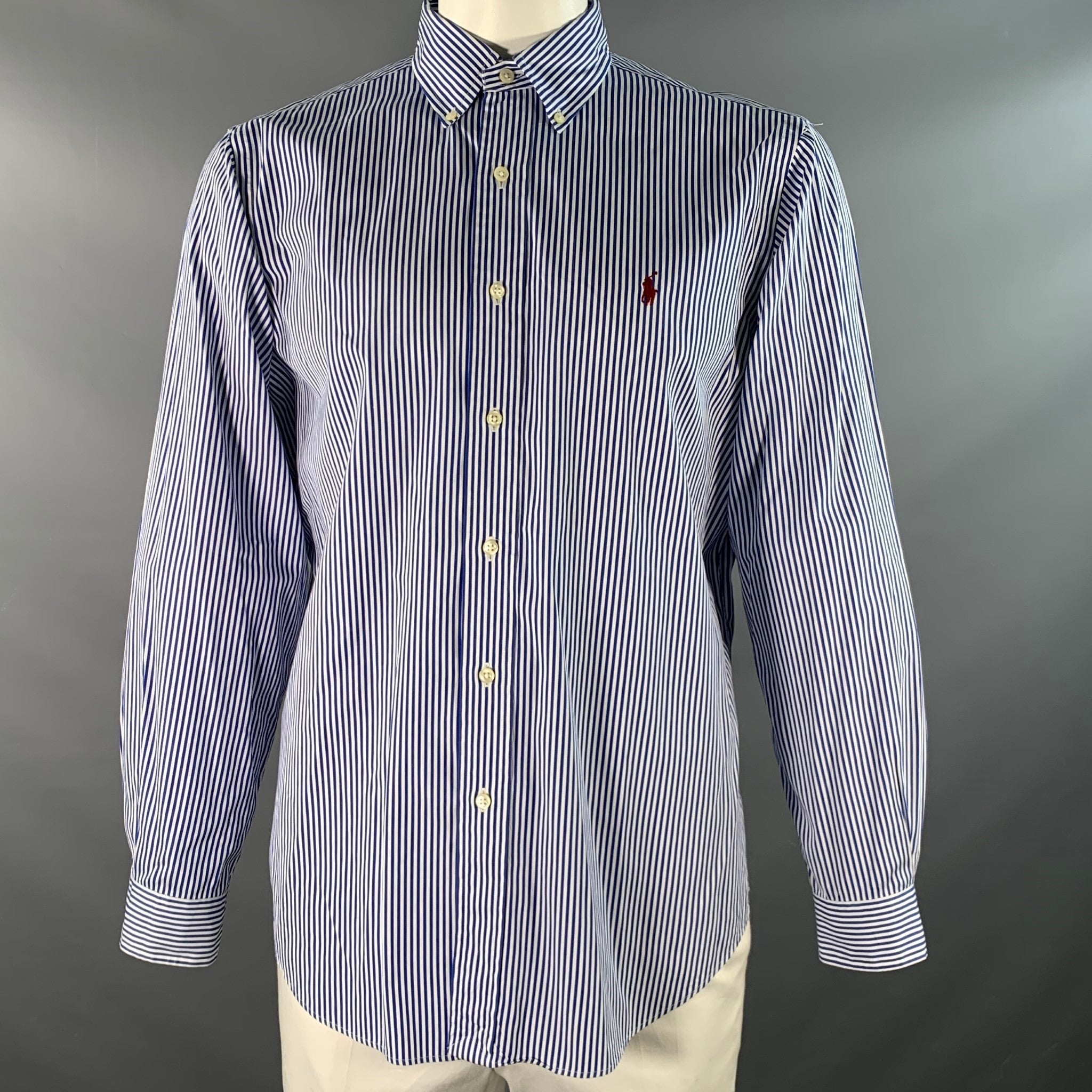 RALPH LAUREN - Camicia a maniche lunghe in cotone a righe bianche e marine taglia XXL