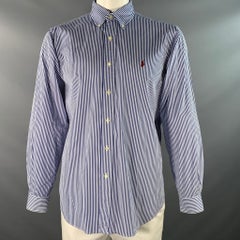 RALPH LAUREN Talla XXL Camisa de manga larga de algodón a rayas azul marino y blanco