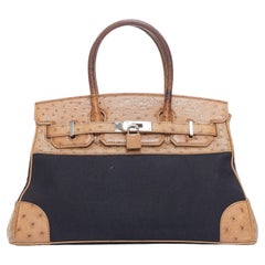 KP NEW YORK INC brown leather trim black canvas satchel tote bag