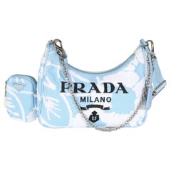 Prada Celeste White Nylon Drill Logo Embroidered Re-Edition 2005 Bag