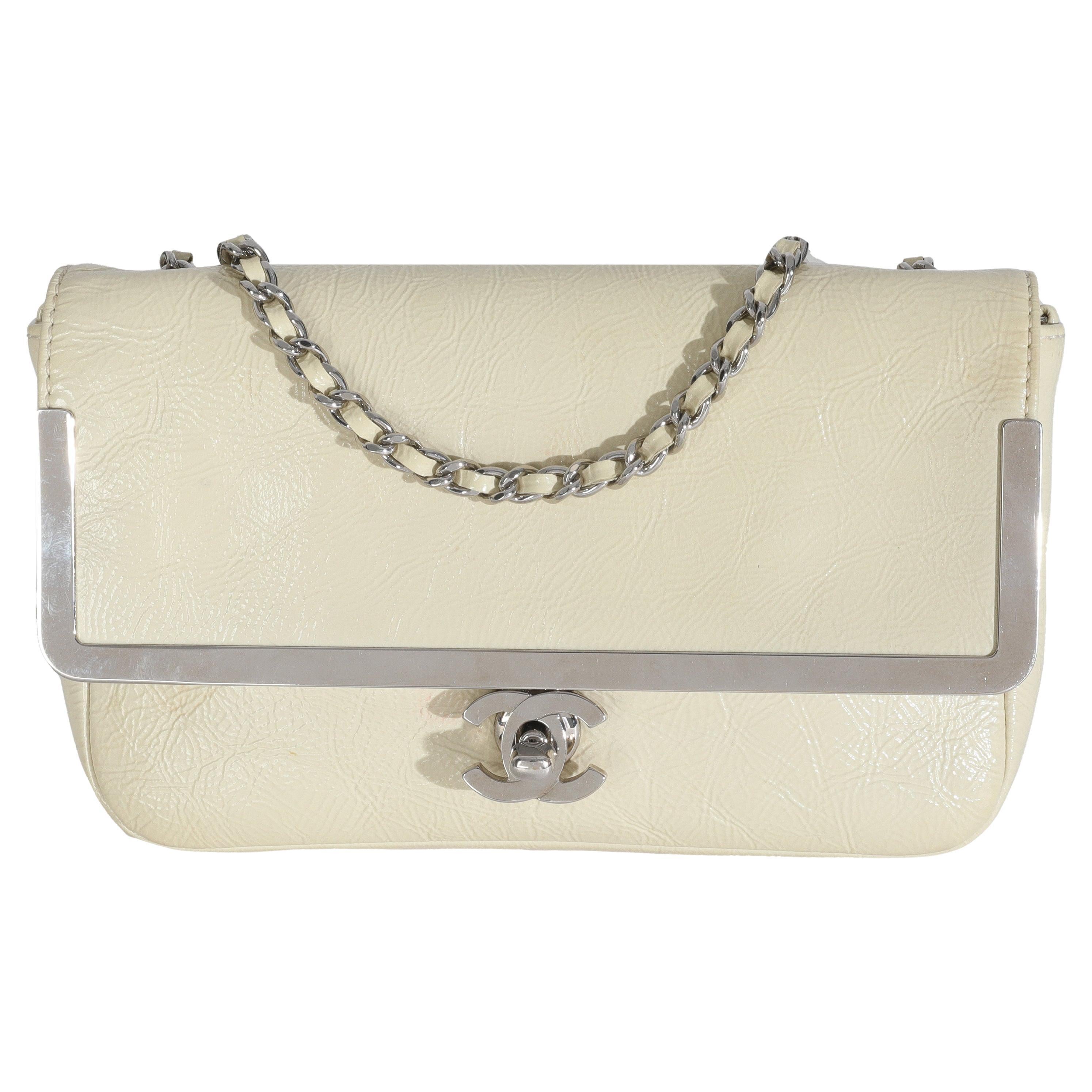 Chanel Cream Distressed Patent Calfskin Small Frame Single Flap Bag