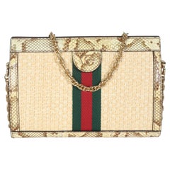 Gucci Cream Brown Raffia Elaphe GG Small Ophidia Chain Shoulder Bag