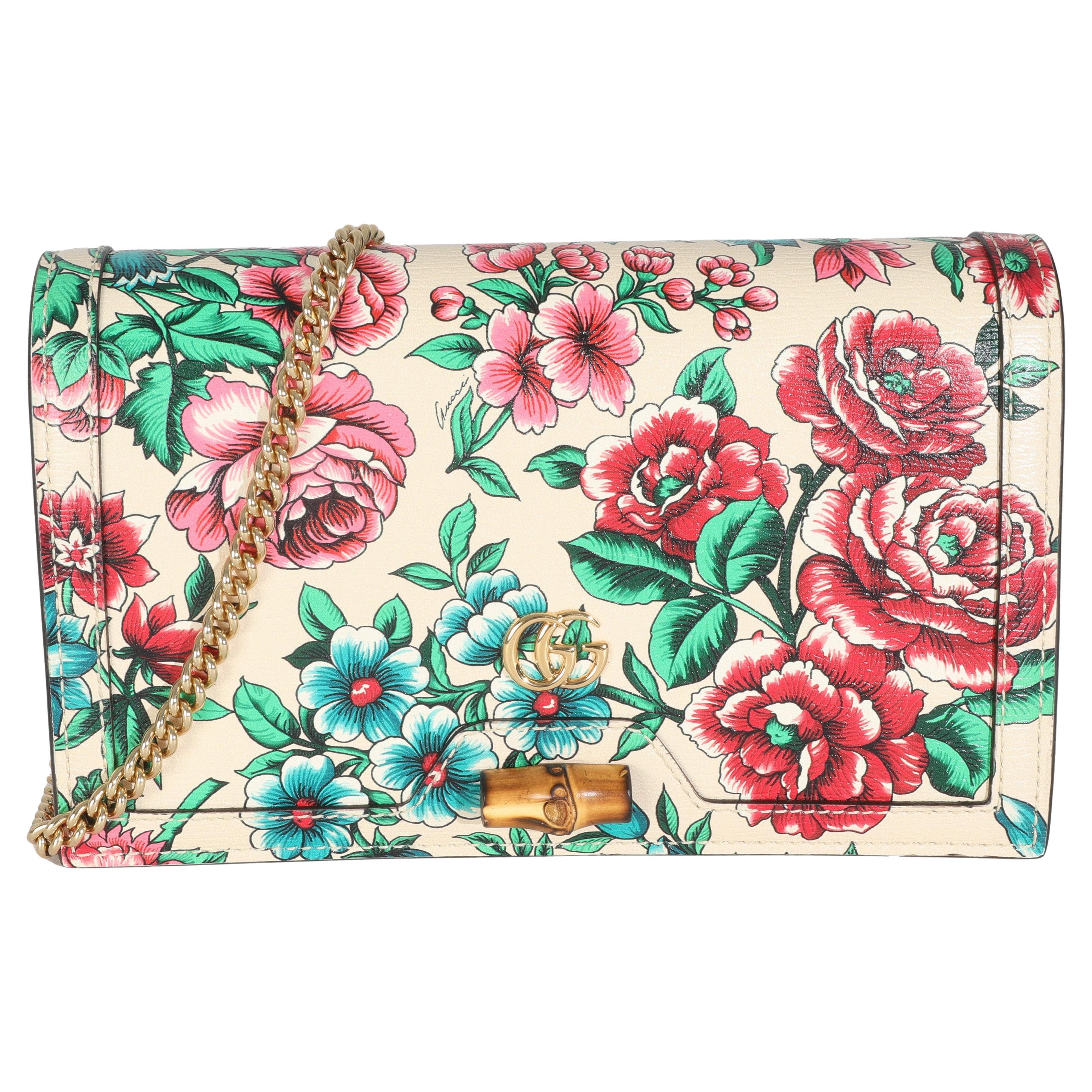 Gucci New Shanghai Floral Calfskin Bamboo Diana Chain Wallet