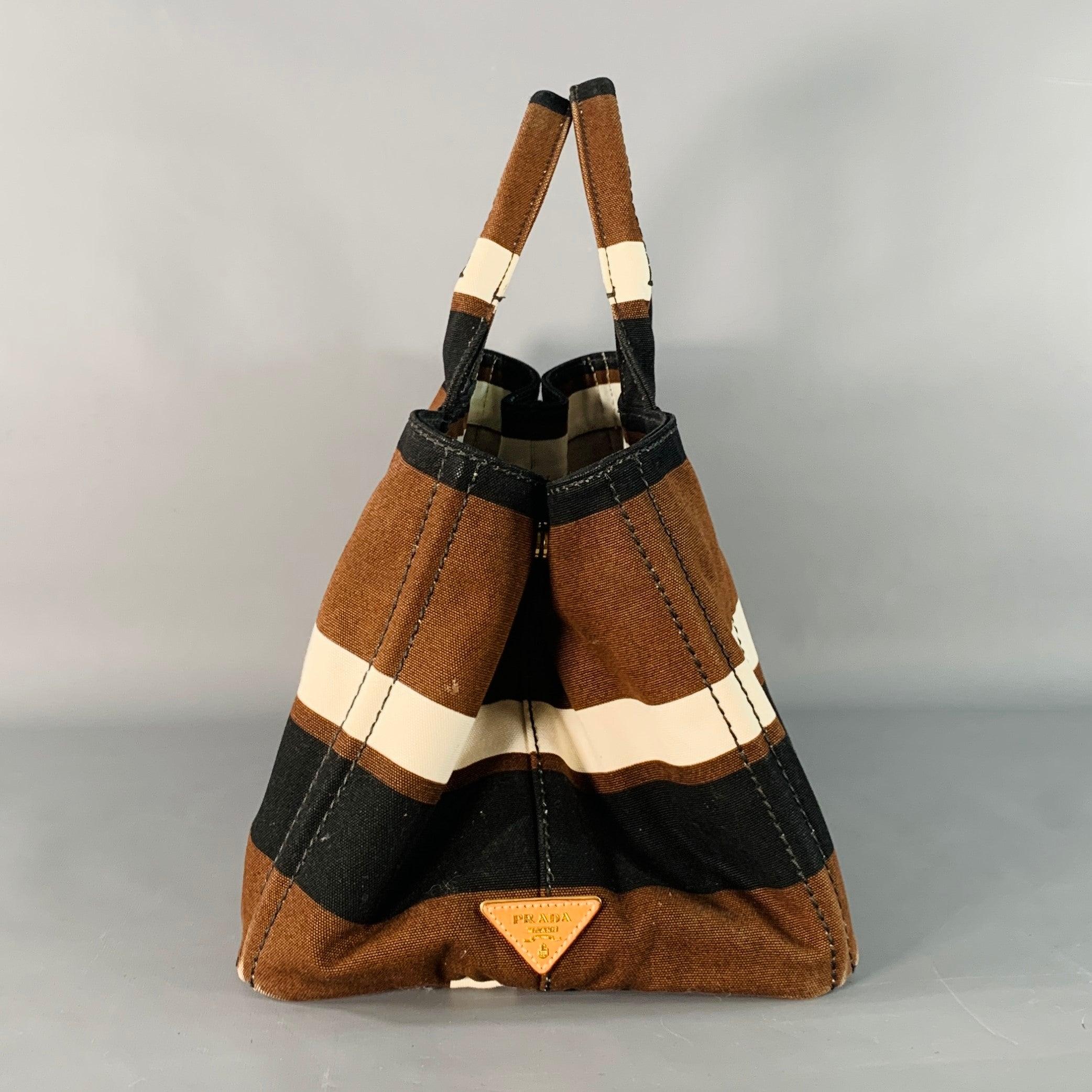 PRADA Canapa Brown Black White Stripe Canvas Open Top Tote Handbag In Good Condition For Sale In San Francisco, CA