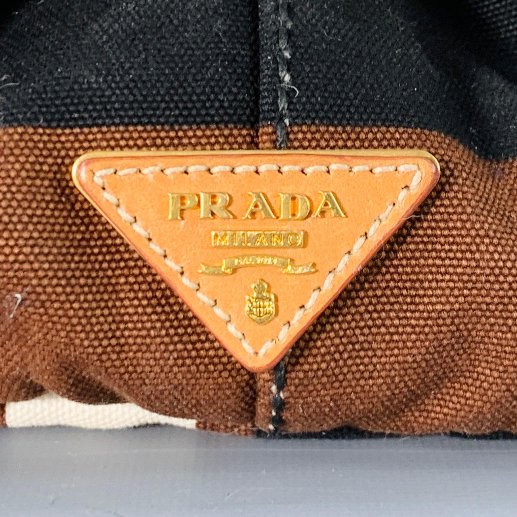 Women's PRADA Canapa Brown Black White Stripe Canvas Open Top Tote Handbag For Sale