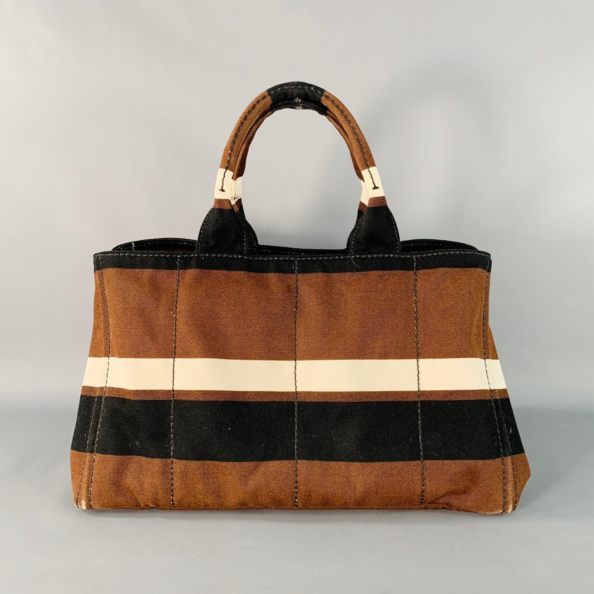 PRADA Canapa Brown Black White Stripe Canvas Open Top Tote Handbag For Sale 1