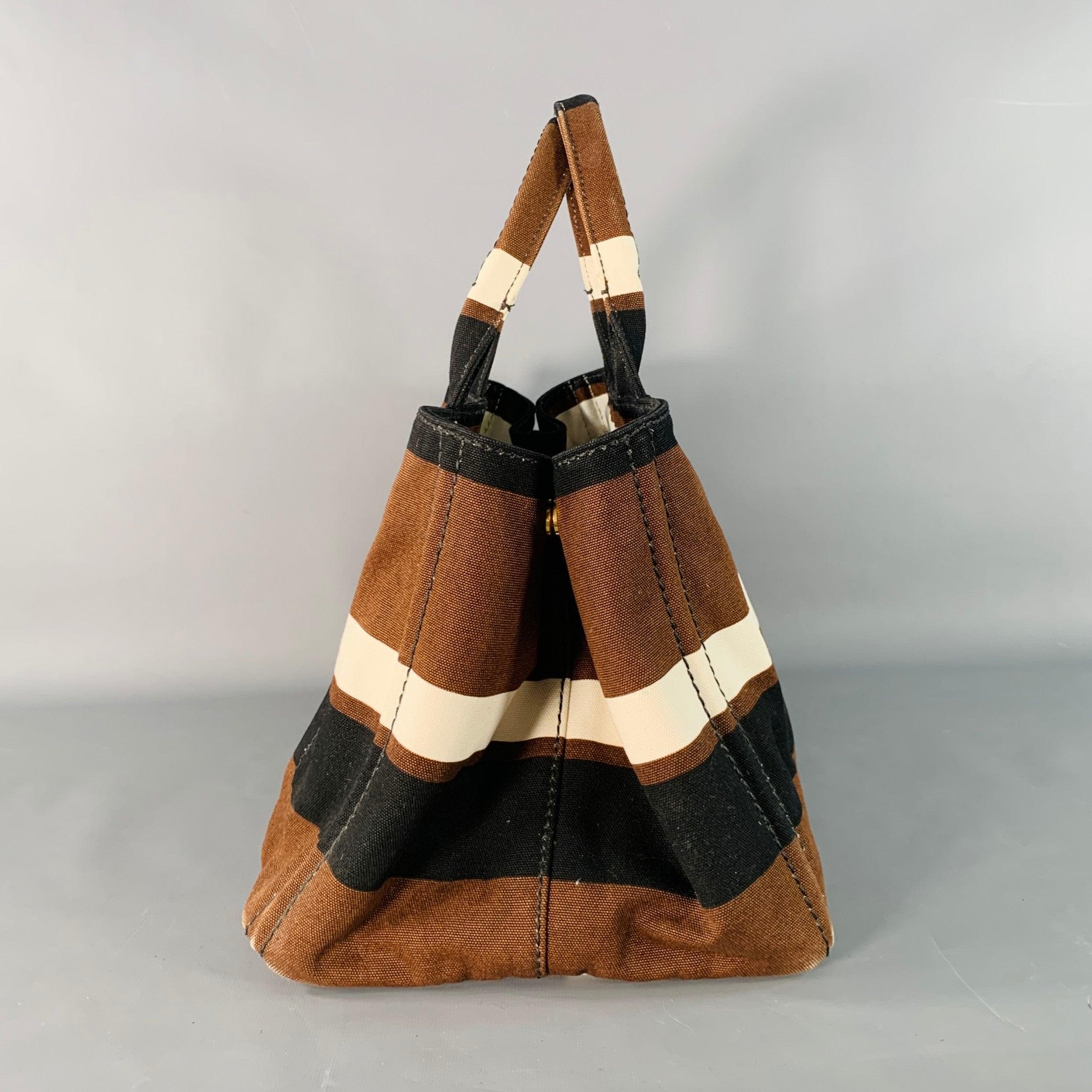 PRADA Canapa Brown Black White Stripe Canvas Open Top Tote Handbag For Sale 2