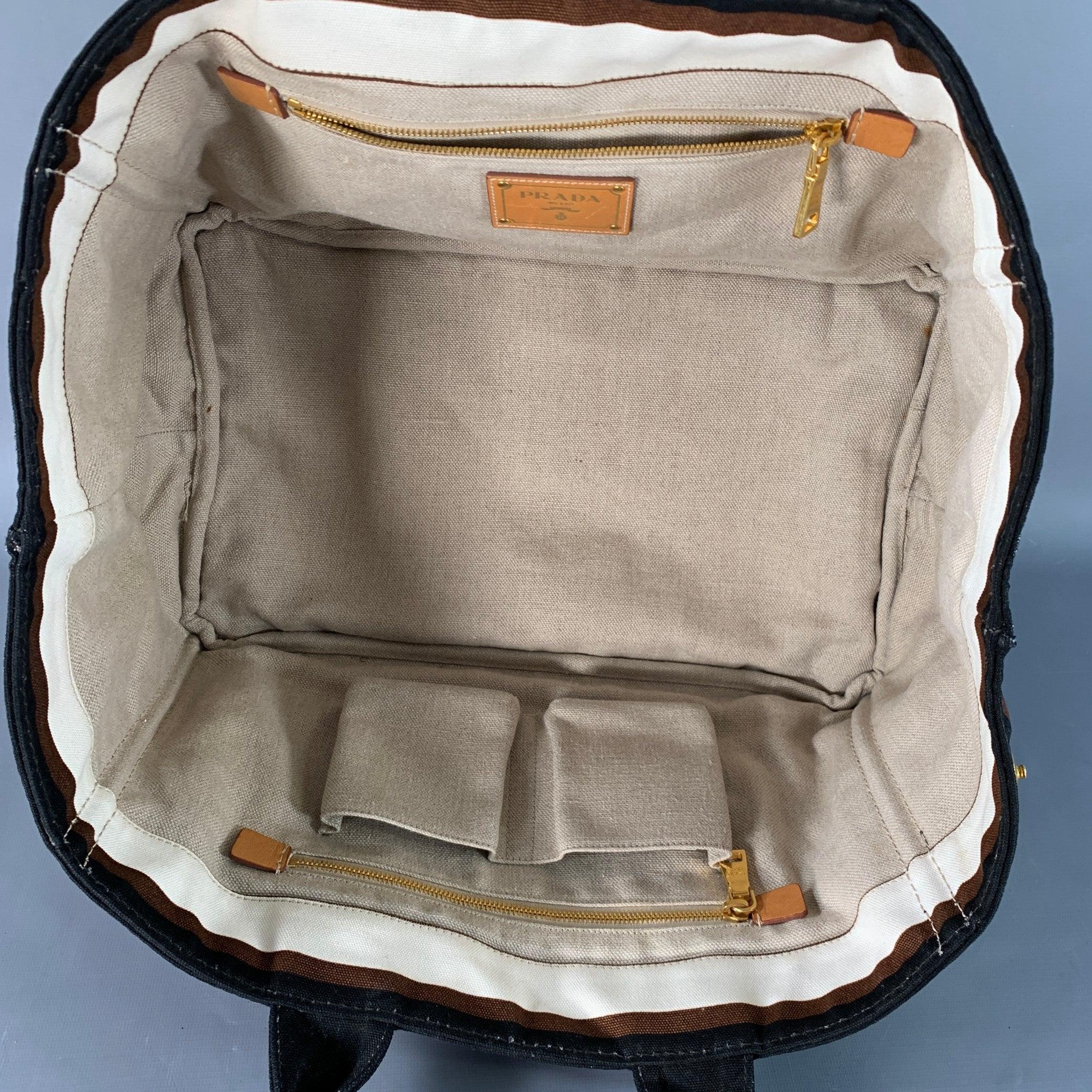 PRADA Canapa Brown Black White Stripe Canvas Open Top Tote Handbag For Sale 3