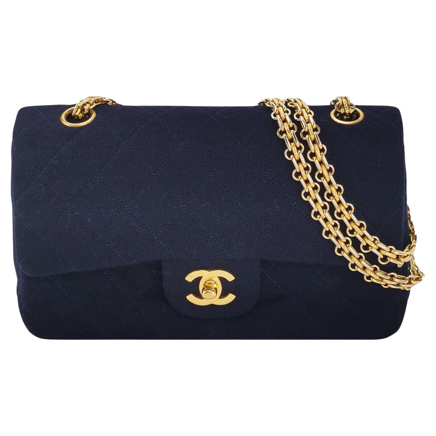 Chanel Classic Flap Small Vintage Navy Fabric 24k Gold Hardware Chain Strap