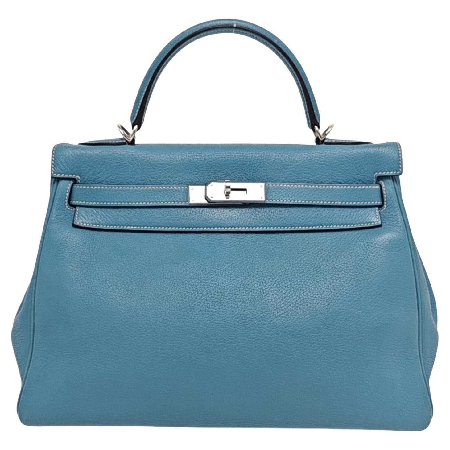 Hermes Kelly 32 Retourne Double Ring Blue Jeans Evercolor Leather Palladium HW