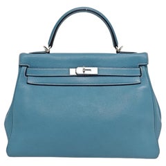 Hermes Kelly 32 Retourne Double Ring Blue Jeans Evercolor Leather Palladium HW
