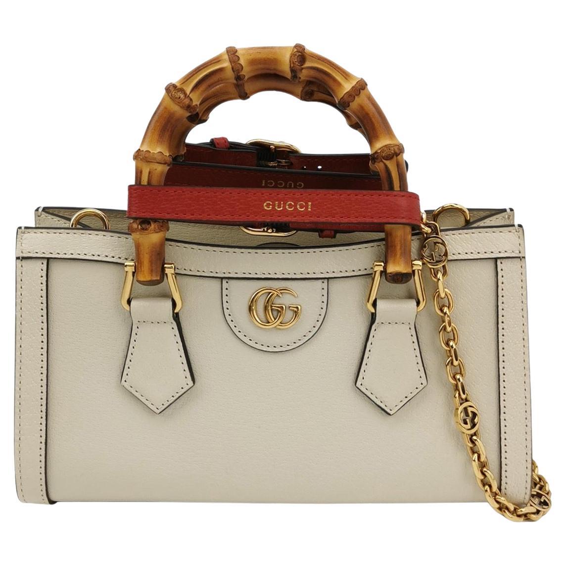 Gucci Diana Small East West Cream White Leather Bag Bamboo Handle with Strap