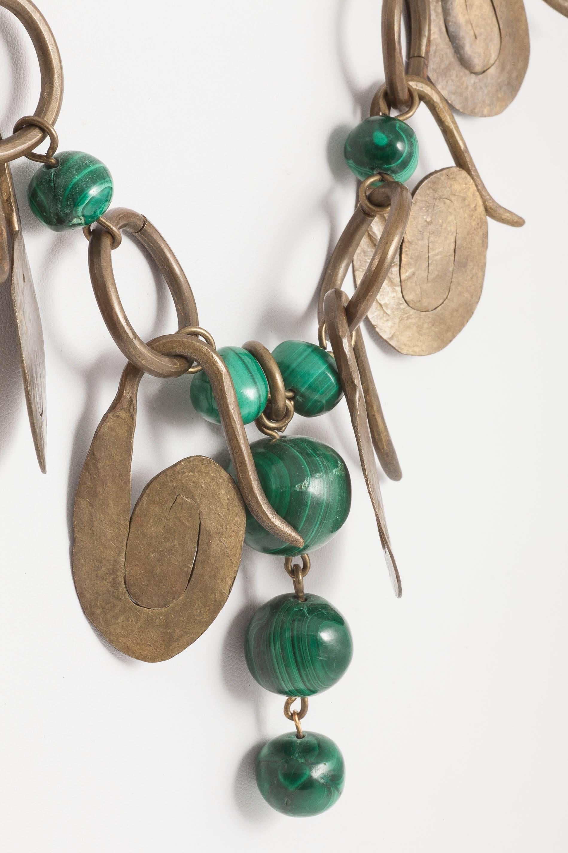  Boho handmade brass and malachite necklace, 1960s 1