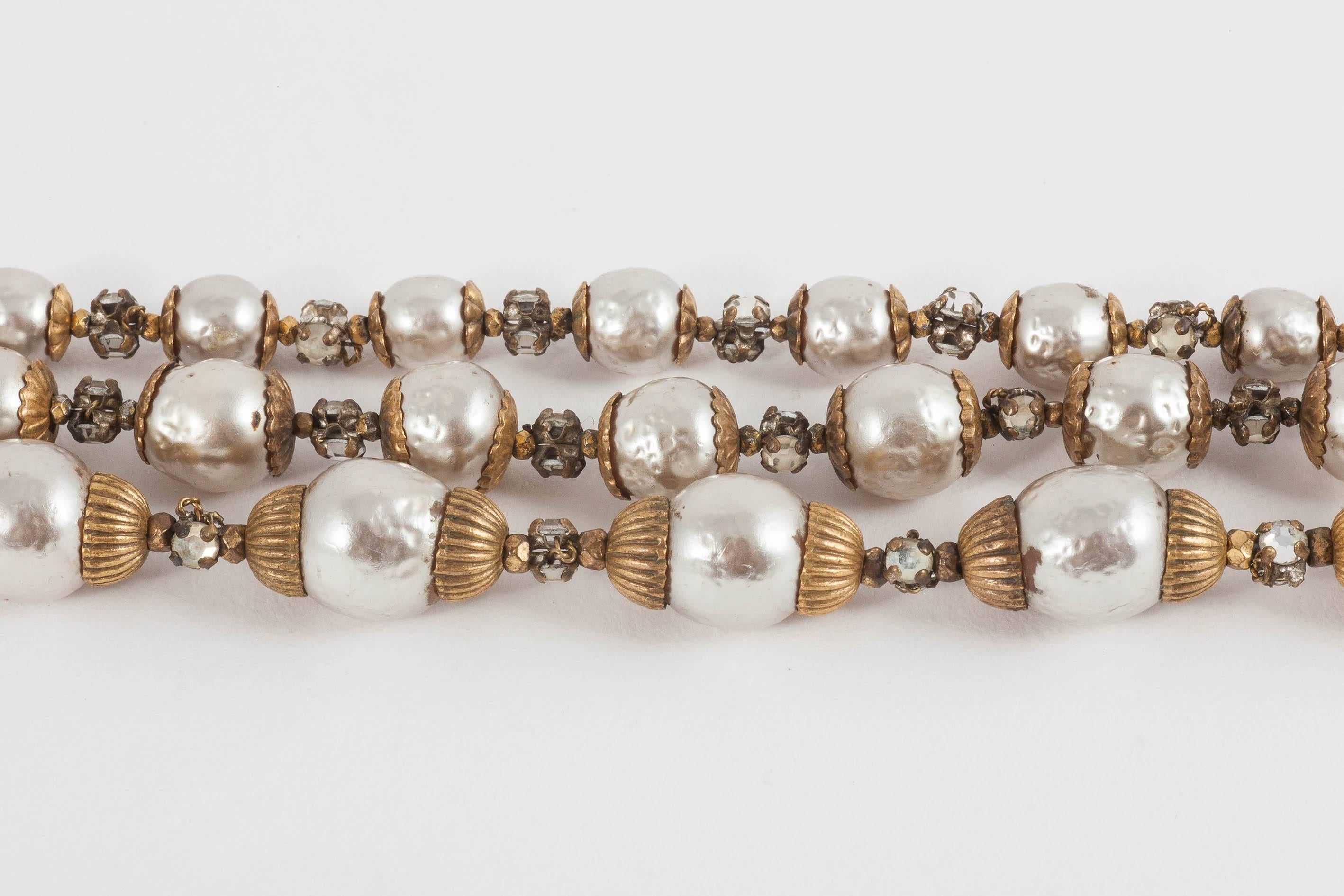 Miriam Haskell baroque pearl, gilt and rose montes bracelet and earrings, 1950s 1