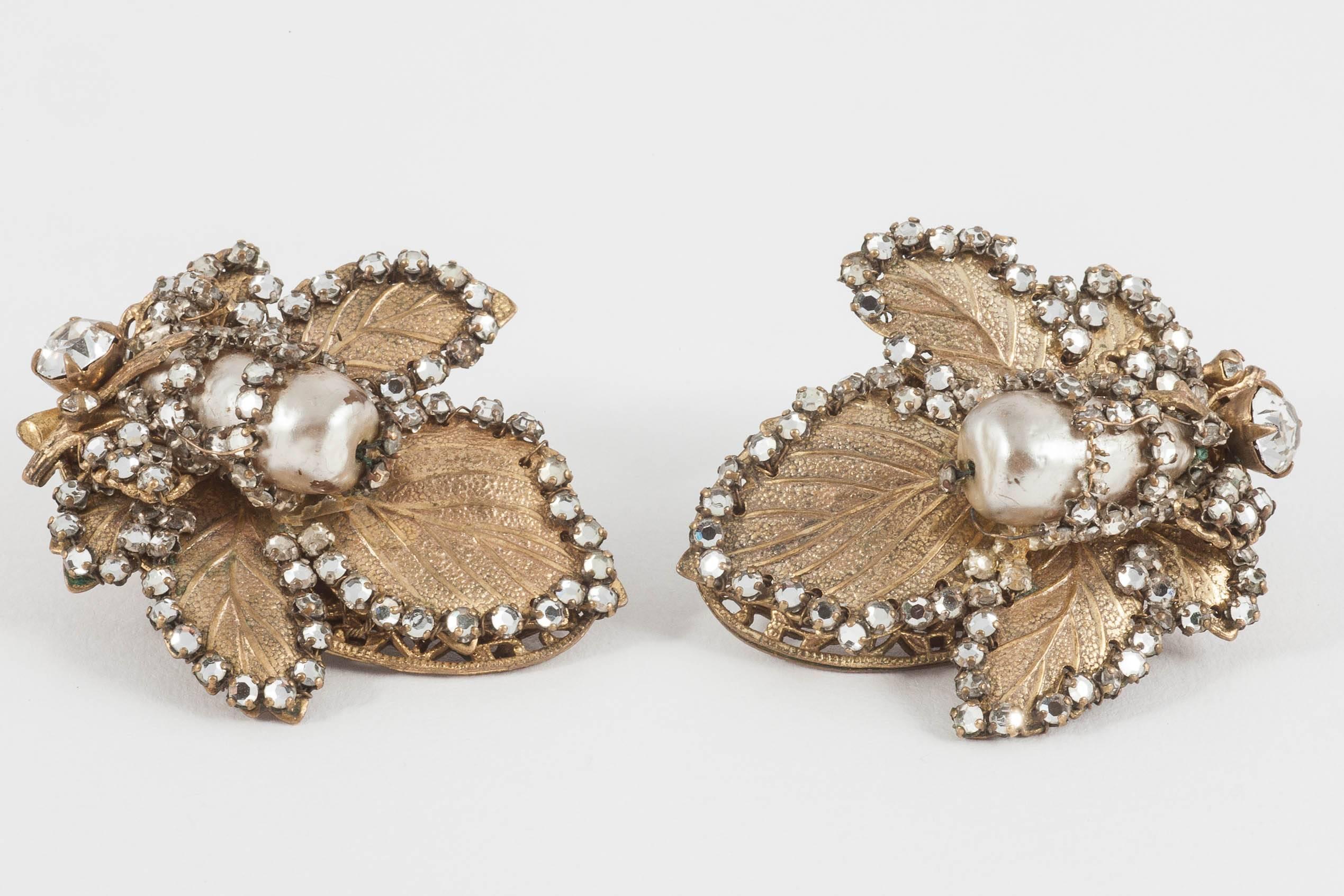 Miriam Haskell baroque pearl, gilt and rose montes bracelet and earrings, 1950s 2