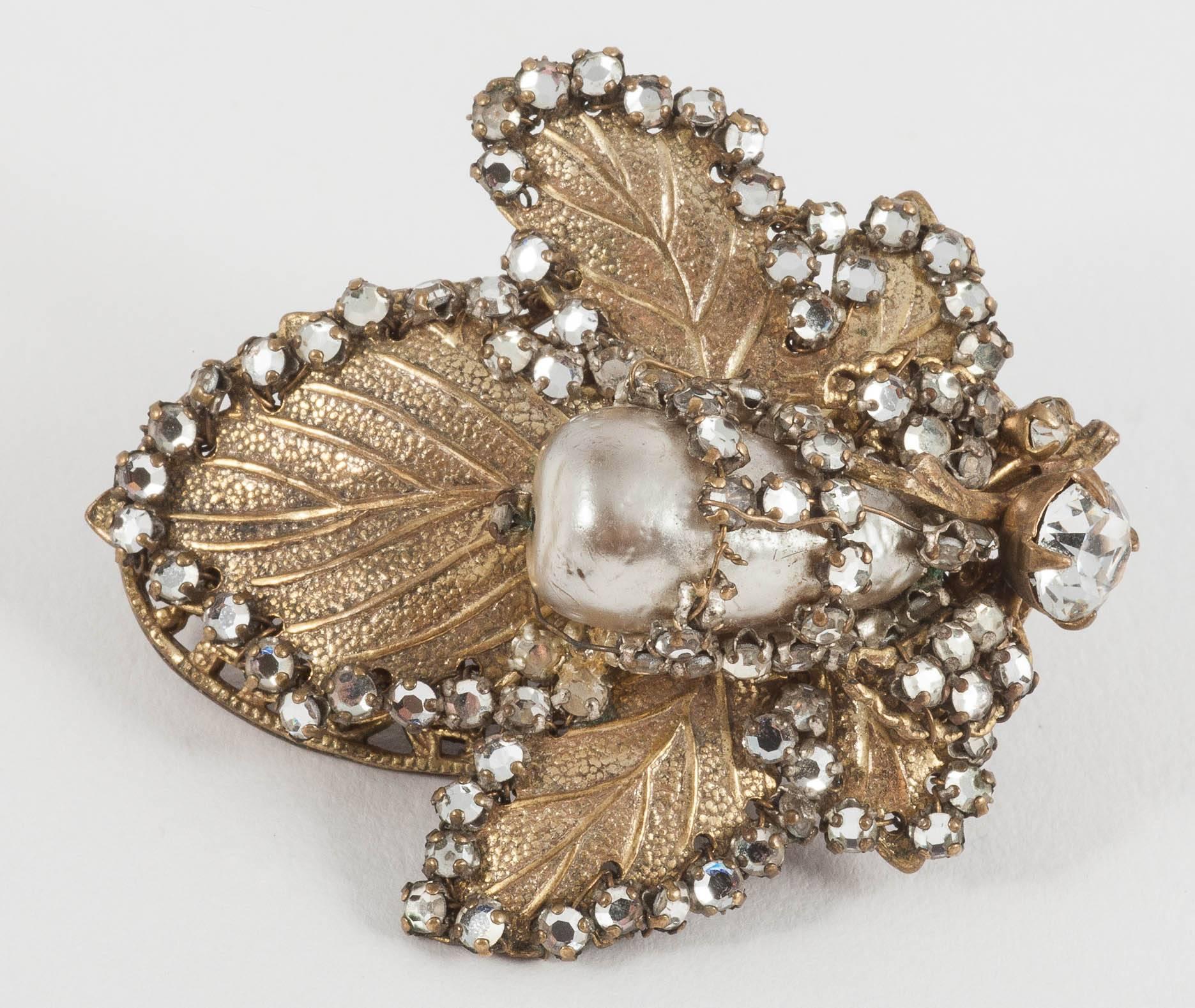 Miriam Haskell baroque pearl, gilt and rose montes bracelet and earrings, 1950s 6