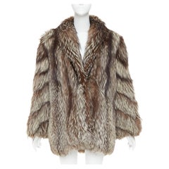 Natural Silver Fox brown oversized boxy shawl collar fur coat Sz. 12 XL