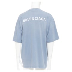 BALENCIAGA 2020 100% wool washed blue logo print crew neck oversized tshirt M