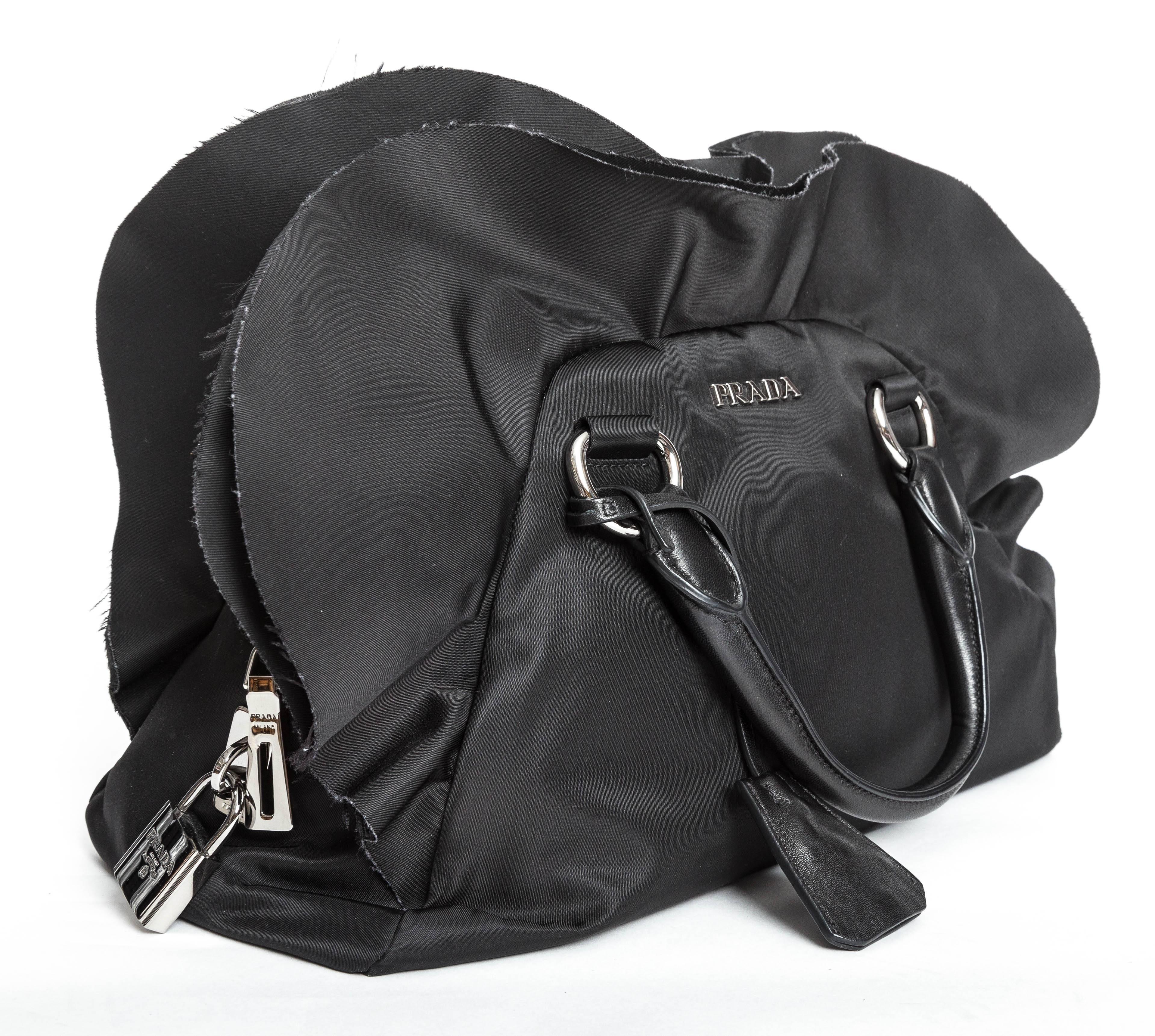 Prada Black Tessuto Nylon Ruffle Bauletto Bag In Excellent Condition In Westhampton Beach, NY