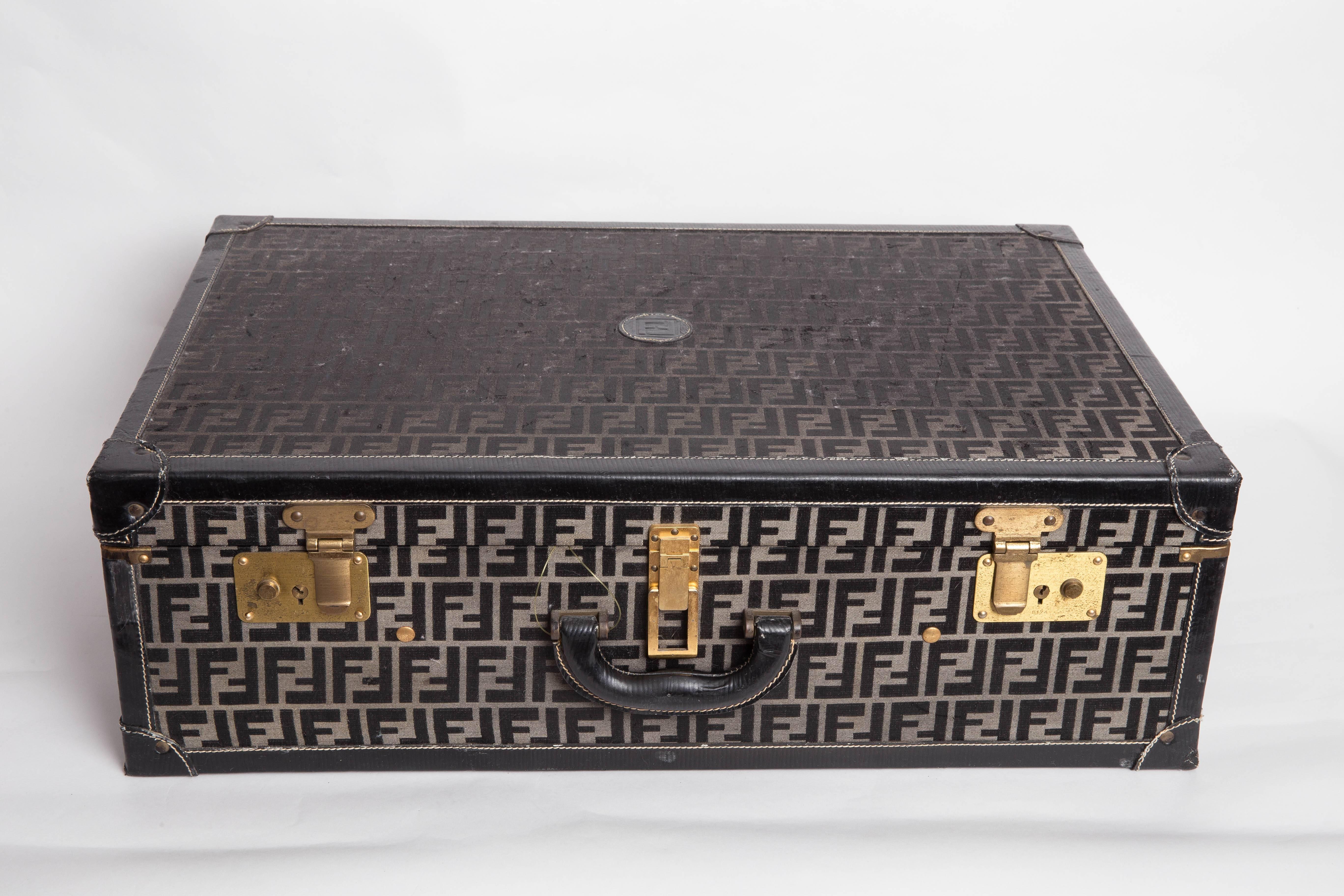 Chic Fendi Hard Zucca Pattern Suitcase with Black Leather Trim For Sale 3