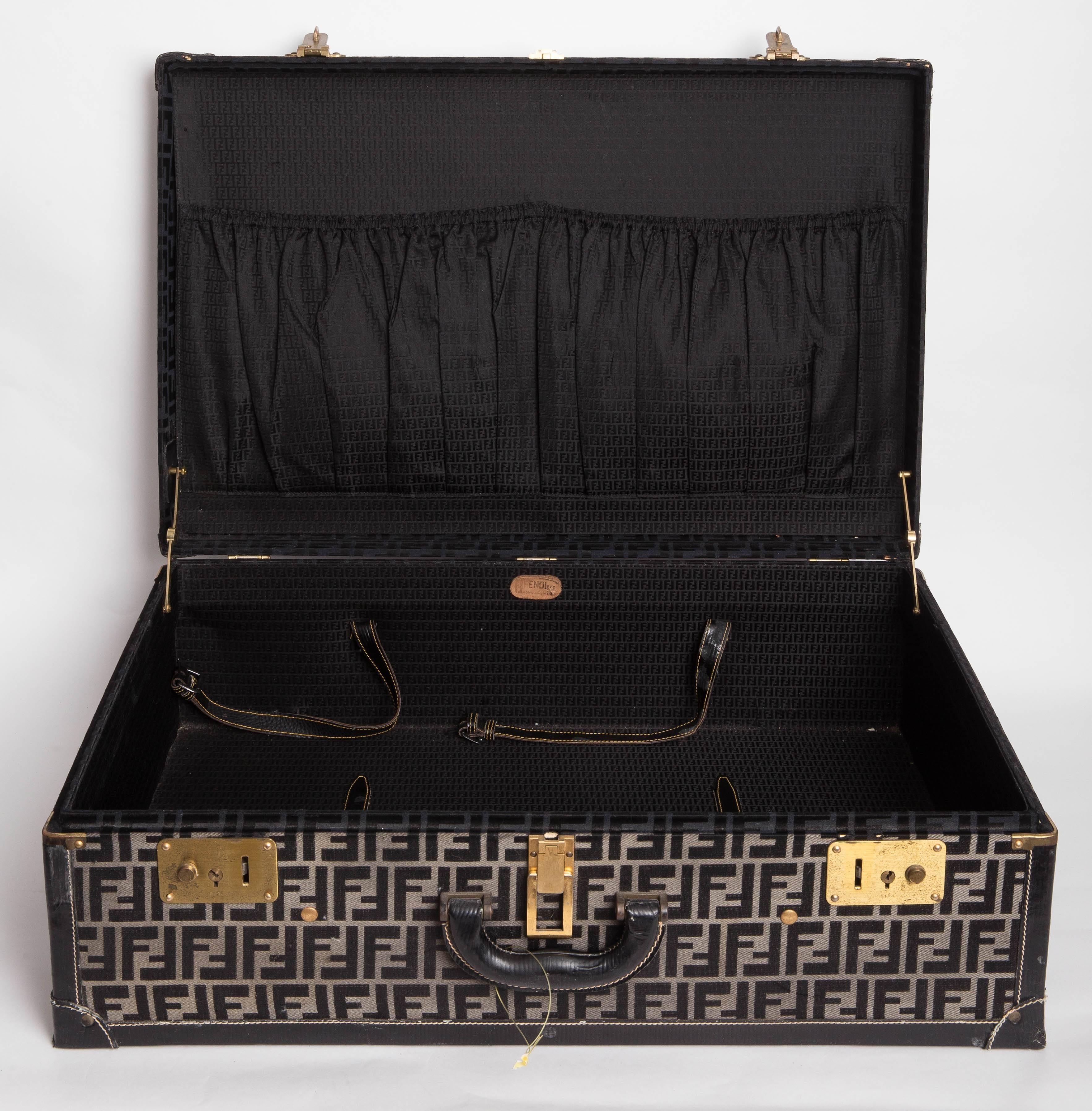 Chic Fendi Hard Zucca Pattern Suitcase with Black Leather Trim For Sale 4