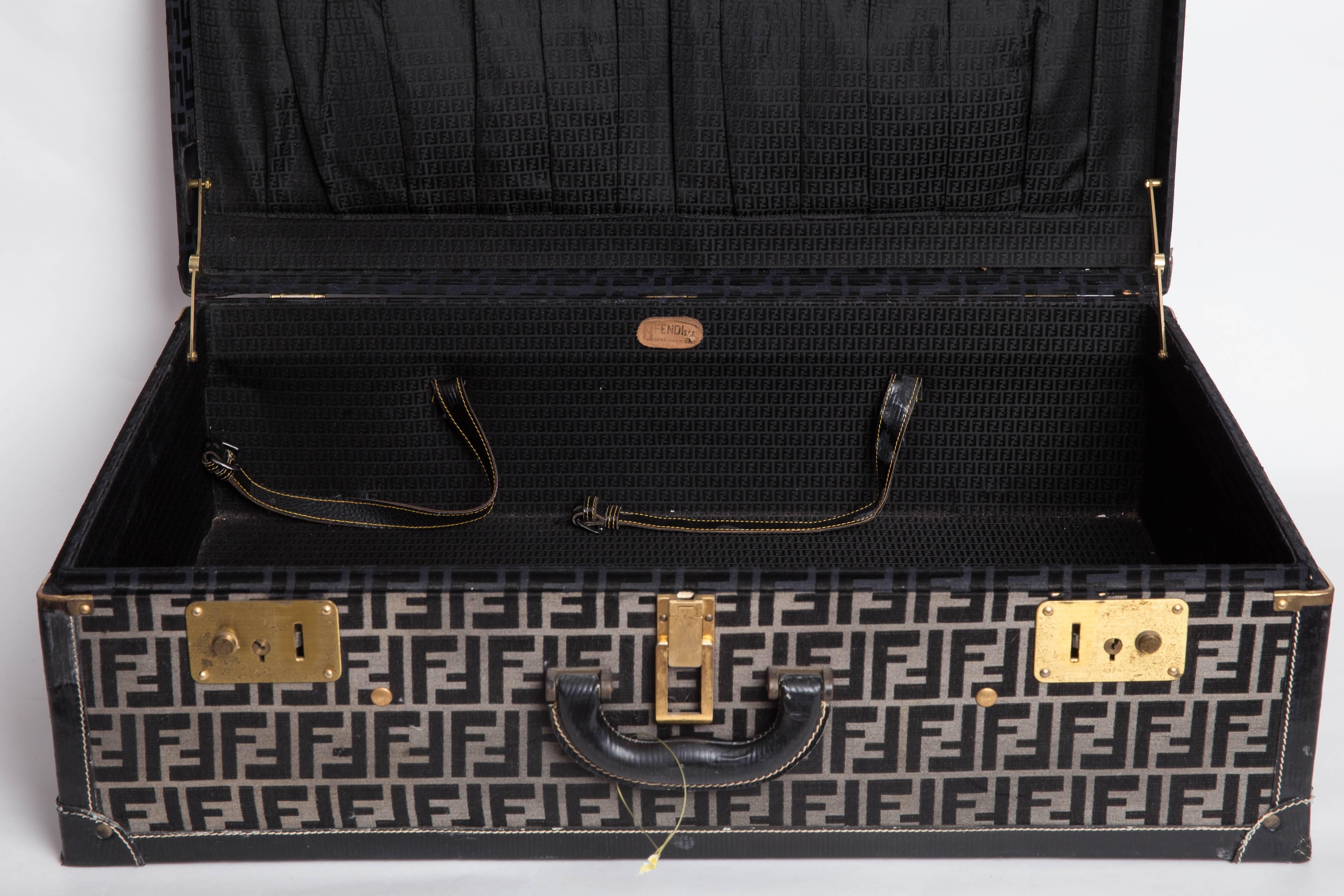 Chic Fendi Hard Zucca Pattern Suitcase with Black Leather Trim For Sale 5