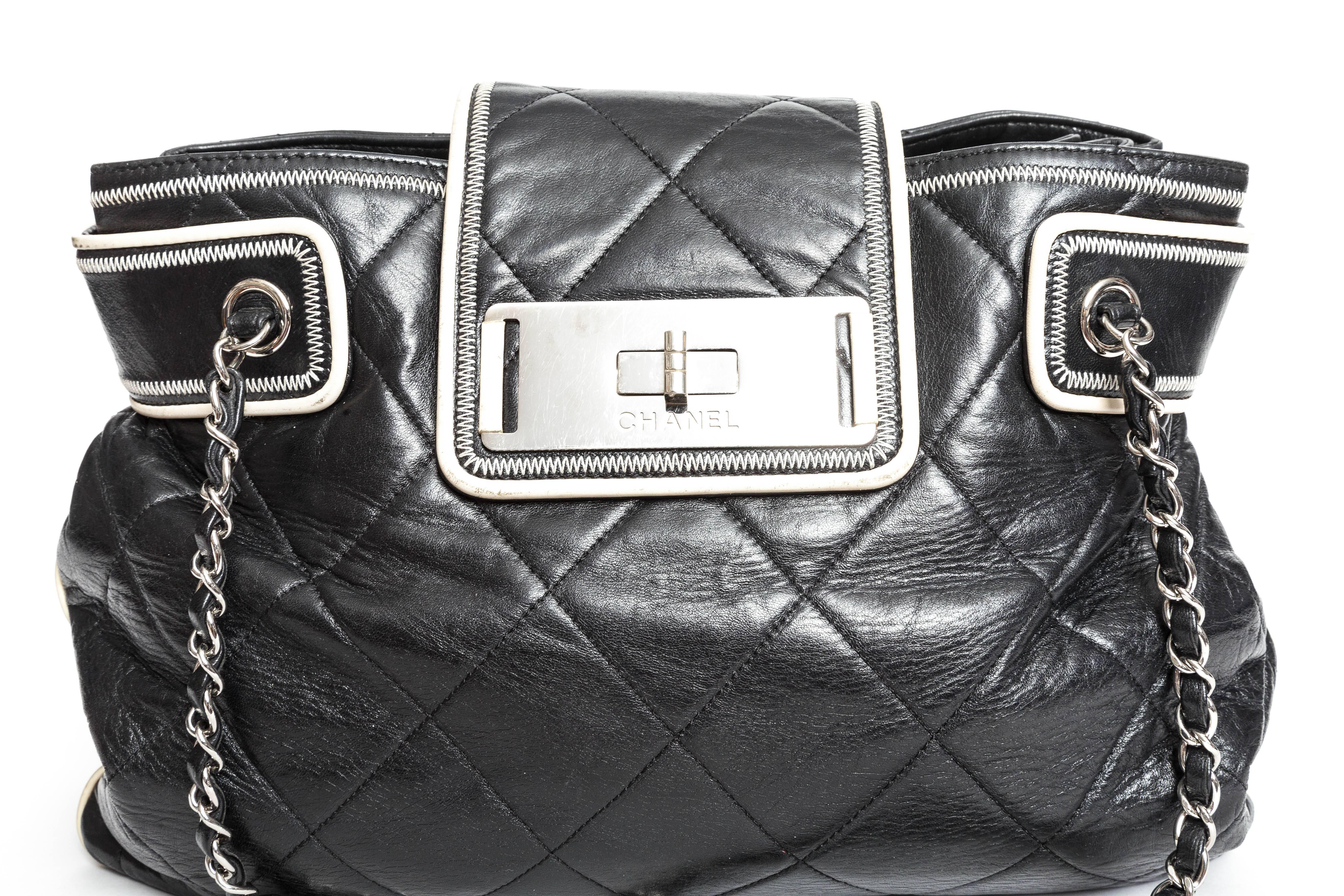 Chanel Black Leather Quilted Bag with Cream Leather Piping and Silver Hardware 1