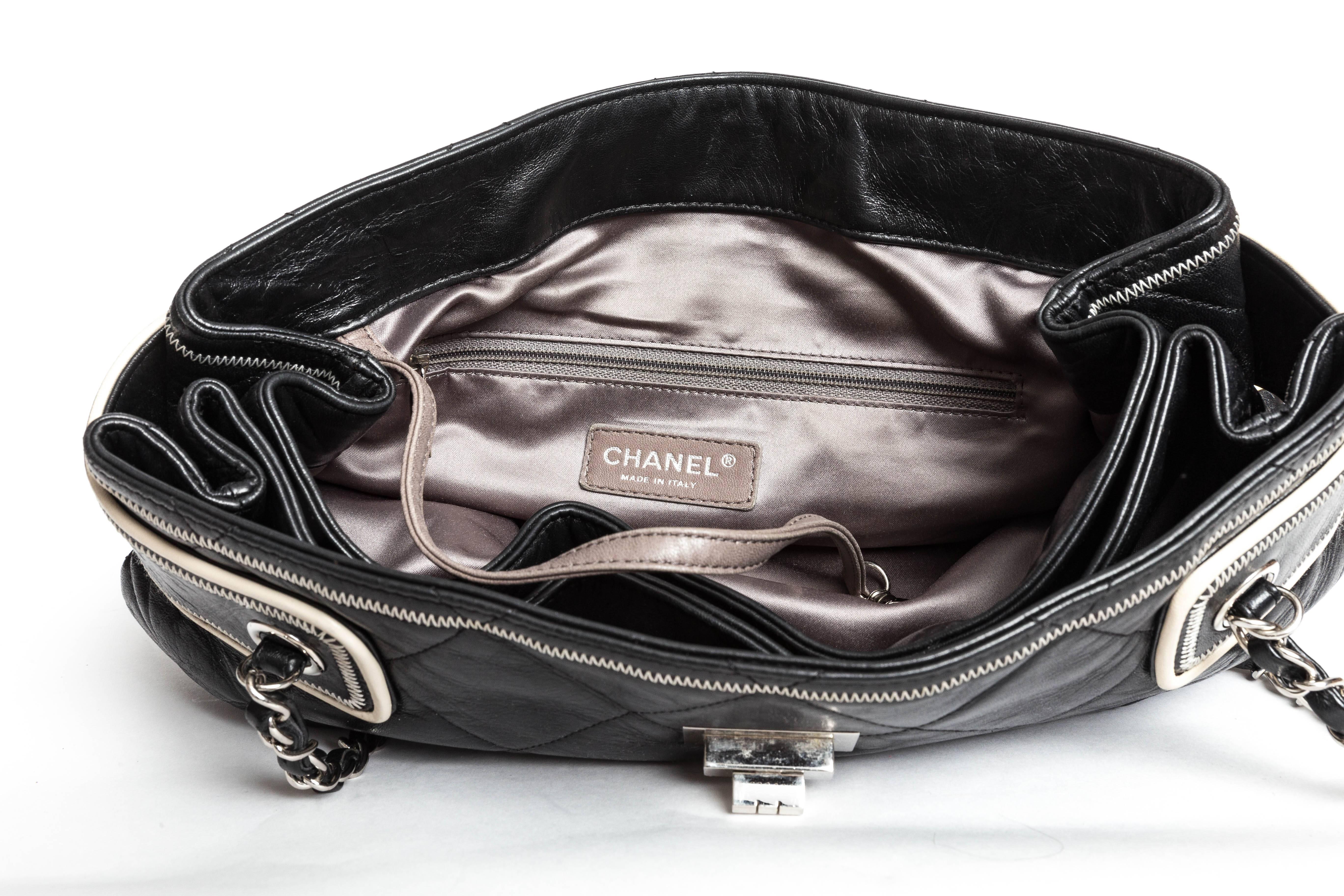 Chanel Black Leather Quilted Bag with Cream Leather Piping and Silver Hardware 2