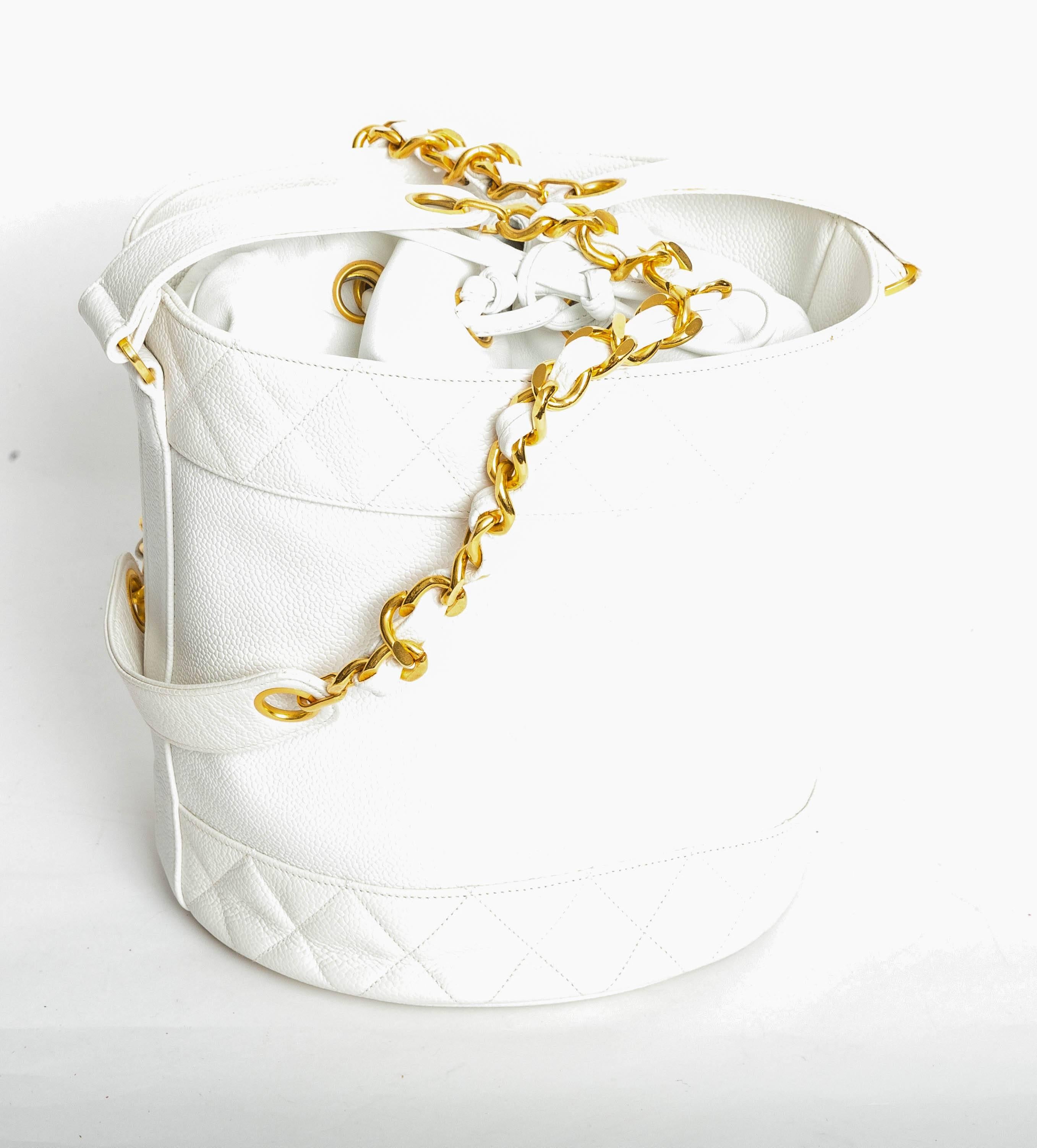 Gray Chanel White Caviar Drawstring Bucket Bag with Interior Pouch and Gold Hardware 