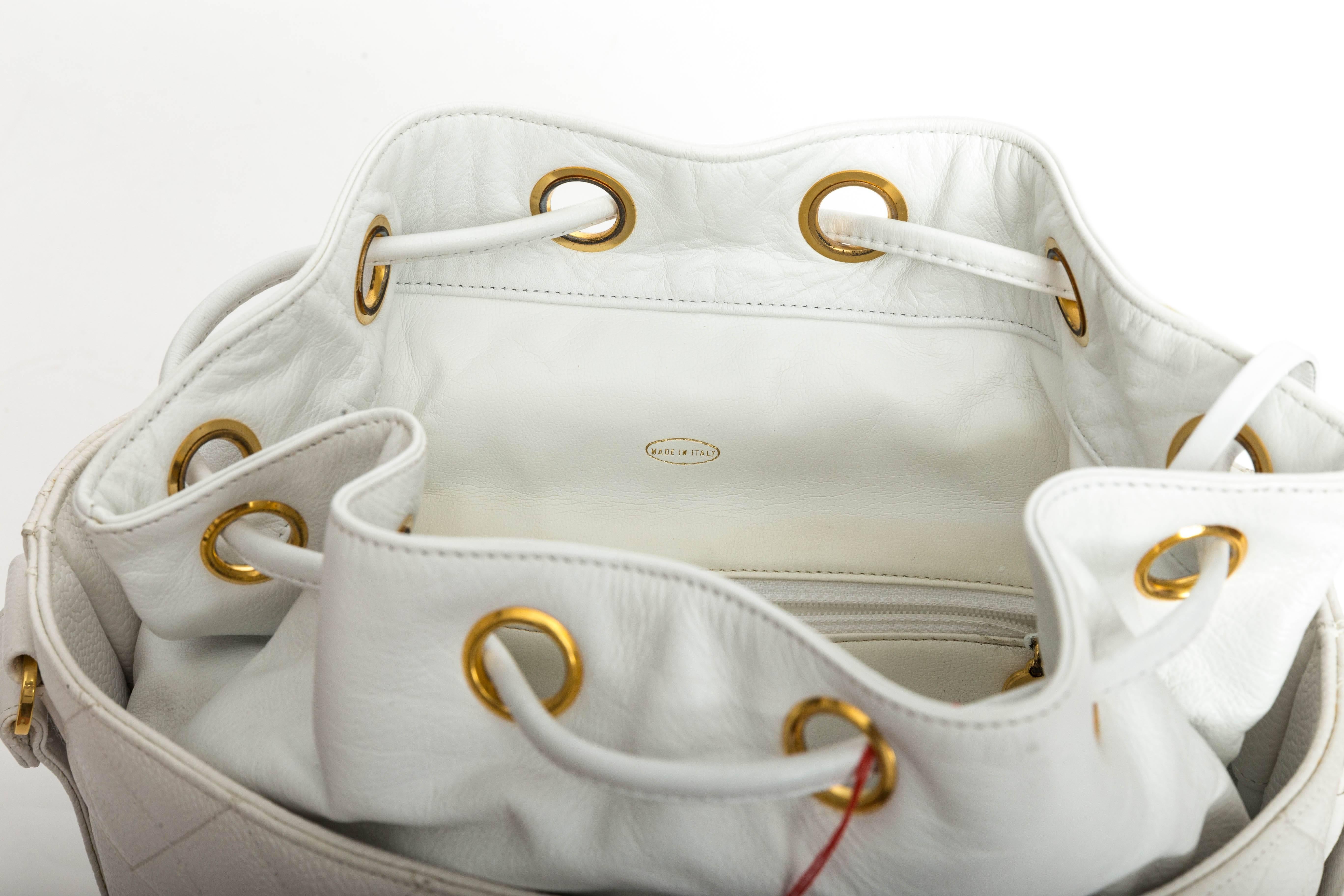 Women's or Men's Chanel White Caviar Drawstring Bucket Bag with Interior Pouch and Gold Hardware 