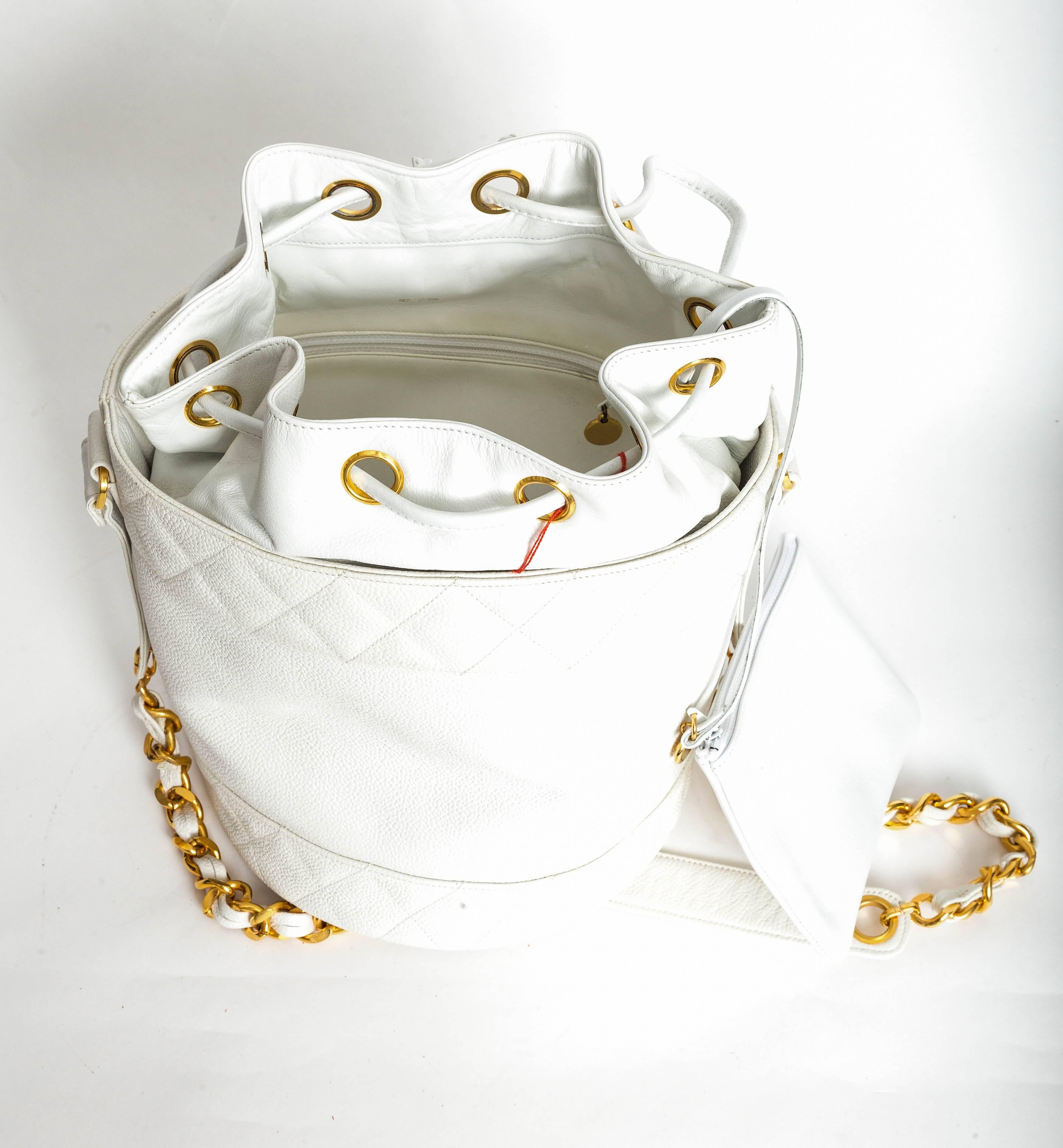 Chanel White Caviar Drawstring Bucket Bag with Interior Pouch and Gold Hardware  1
