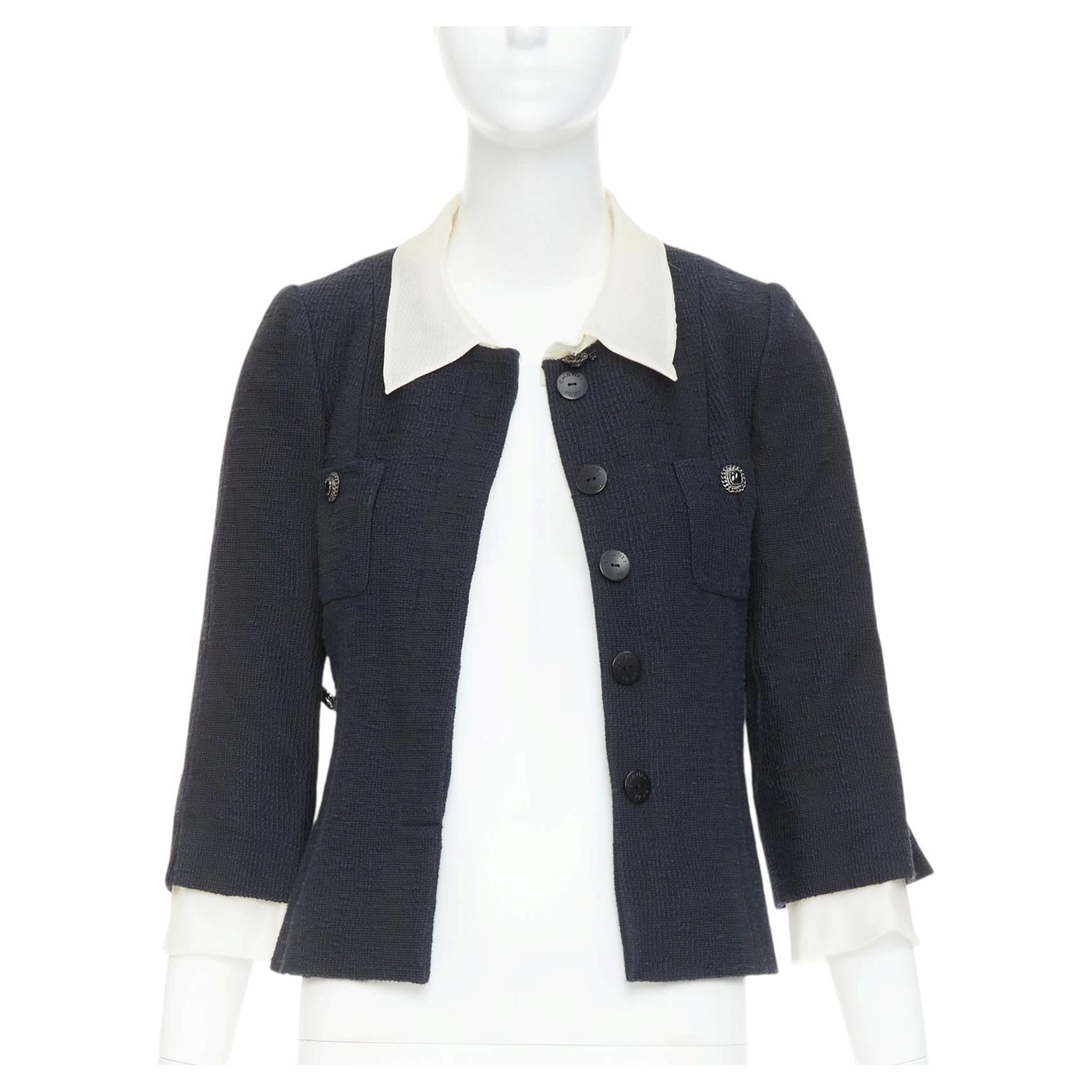 CHANEL 2010 Karl Lagerfeld Runway black cream silk trim collar crop coat FR36 S For Sale