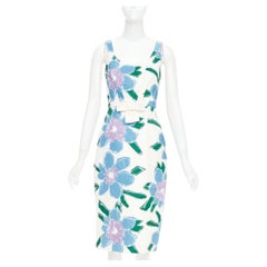 PRADA 2016 cream blue green silk overstitch patchwork floral bow dress IT38 XS