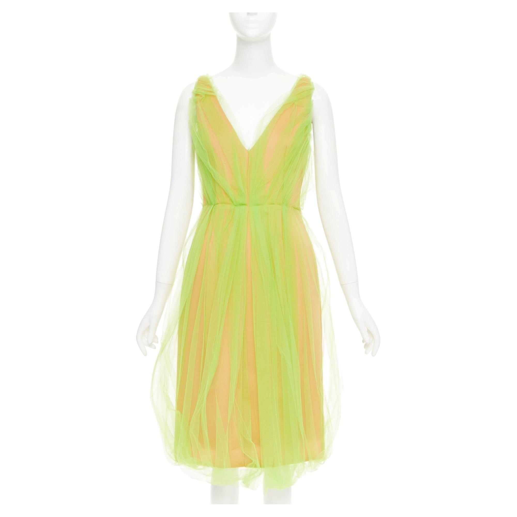 PRADA 2018 Runway neon green Technical Tulle Overlay V-Neck Bubble Dress IT42 M For Sale