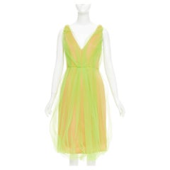PRADA 2018 Runway neon green Technical Tulle Overlay V-Neck Bubble Dress IT42 M