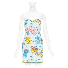 ¡Moschino Couture! Vestido azul sin tirantes de la colección «Calico Animals» de la pasarela 2022, IT38 XS