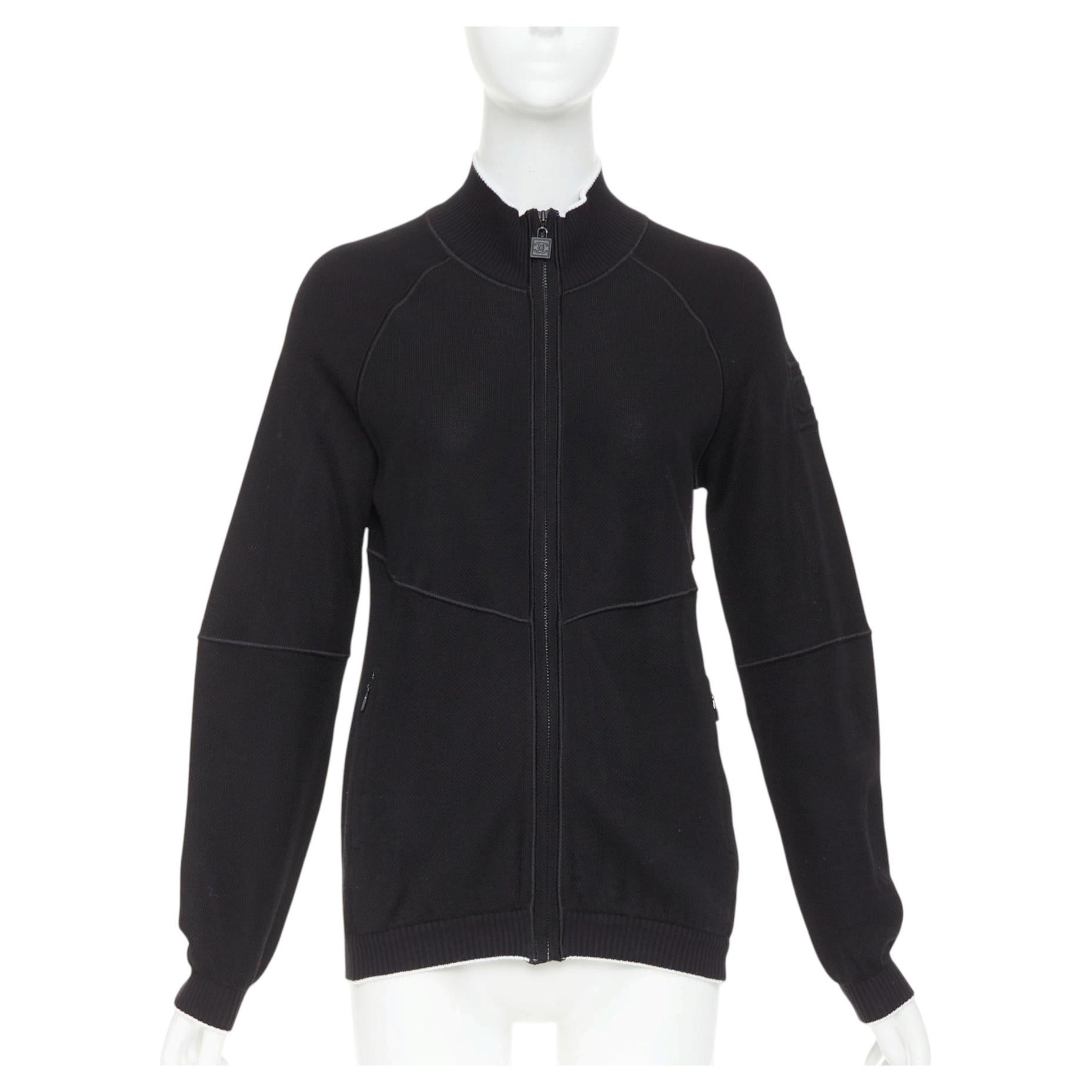 CHANEL SPORTS 09P black technical knit embroidered logo zip-up jacket FR40 L