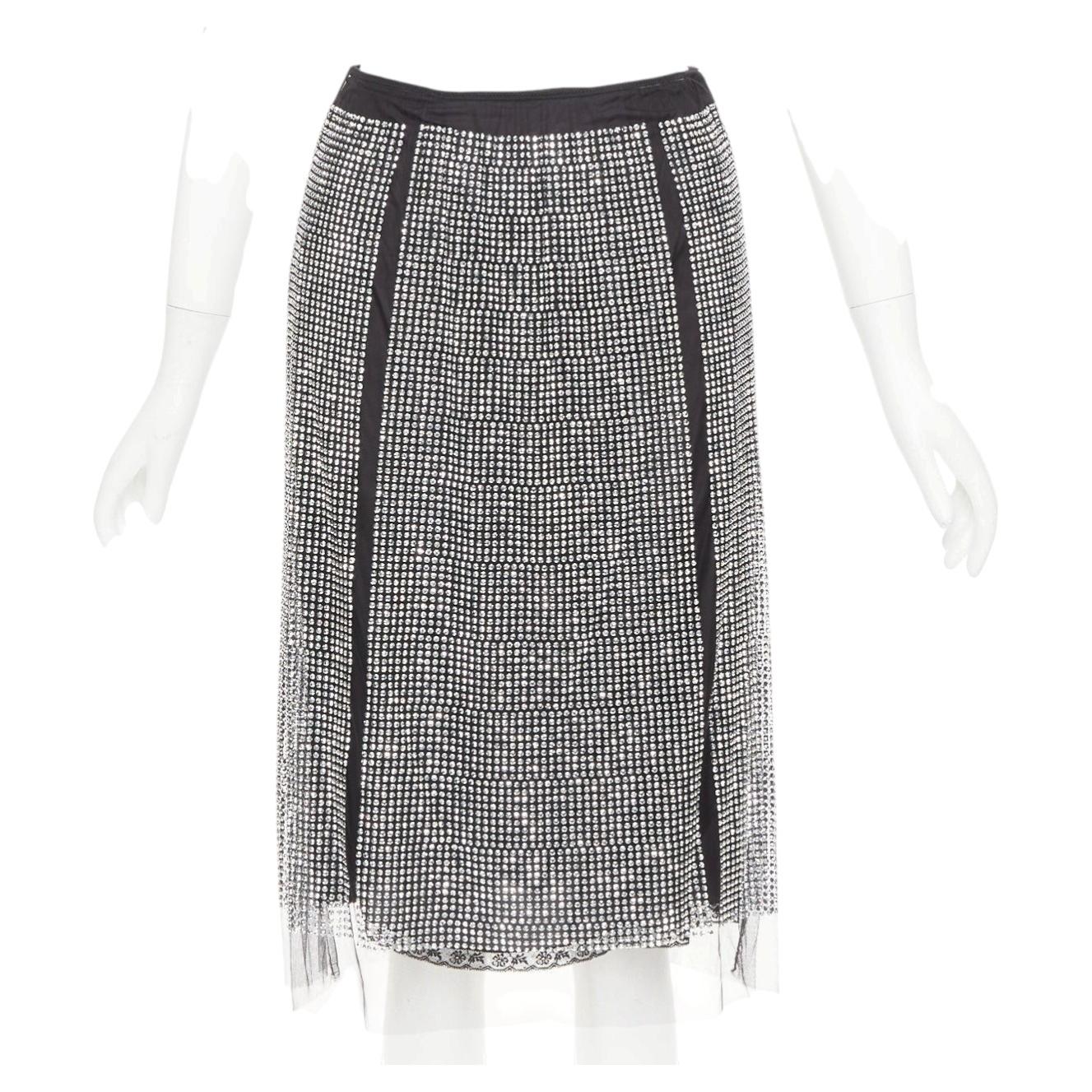 PRADA 2021 silver crystal black mesh triangle cut out lace trim skirt IT38 XS