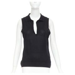 CHANEL 2001 Vintage black CC logo sleeveless white trim knit polo top FR40 L